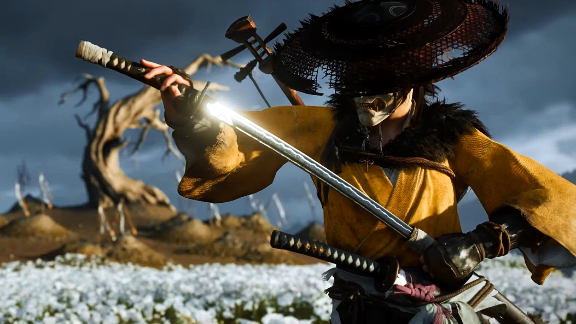 Atsu sheathes here katana in a field of white flowers with graves and a dead tree in the background in Ghost of Tsushima sequel Ghost of Yotei