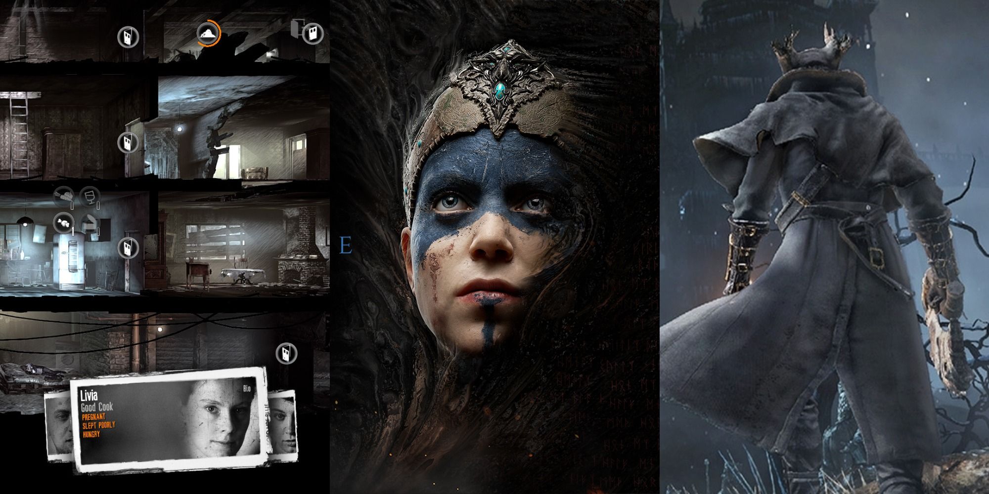 Great But Stressful Games Split Featured This War of Mine Hellblade Senua's Sacrifice and Bloodborne