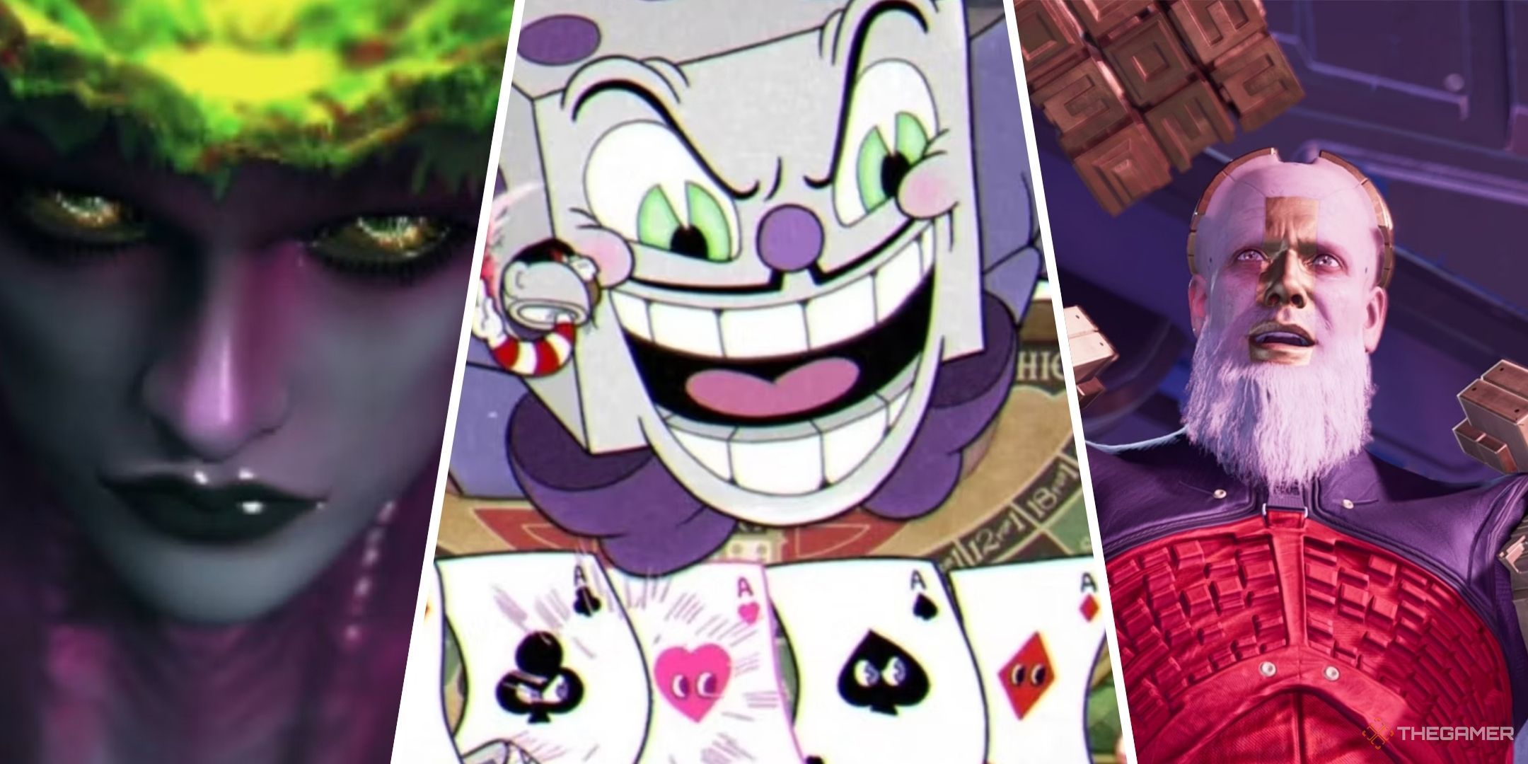 Three-image collage of Alma's final form in Ninja Gaiden, King Dice from Cuphead, and Grand Unifier Raker From Marvel's Guardians of the Galaxy.