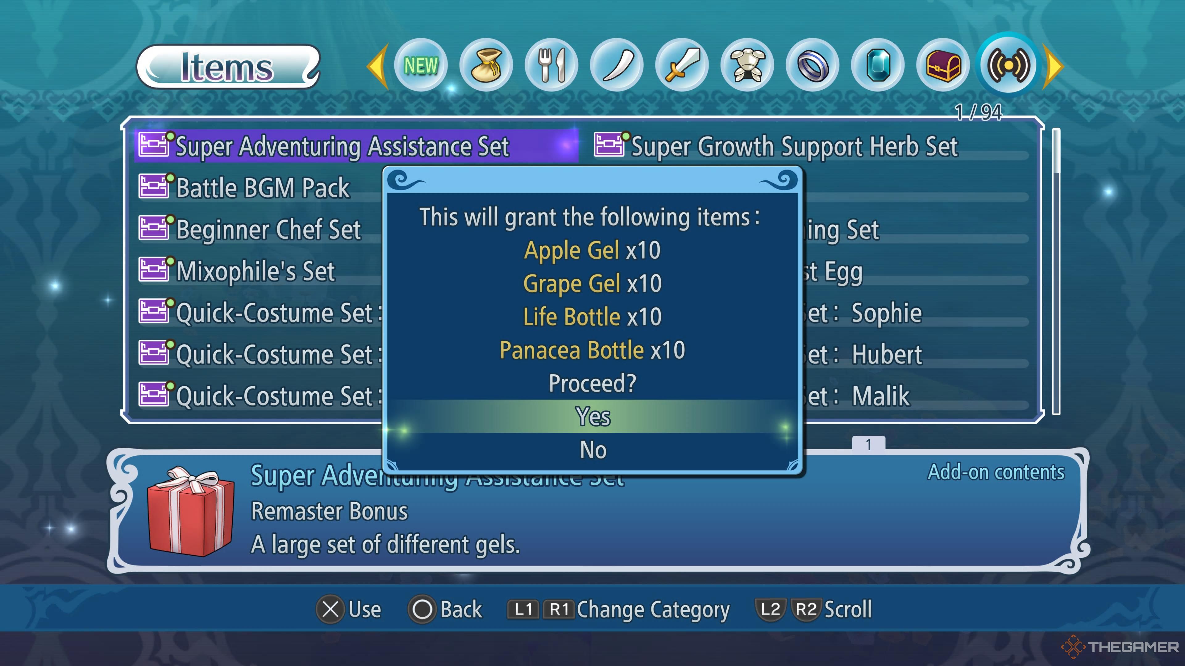 Items DLC Menu in Tales of Graces f Remastered