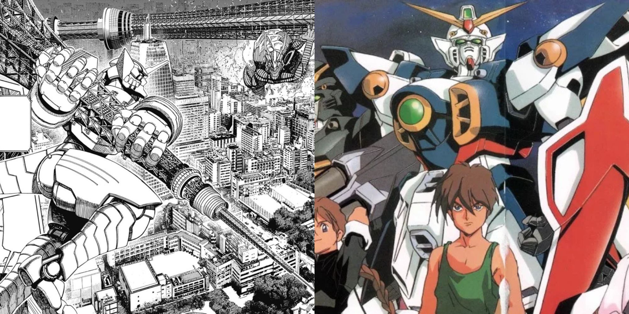 Kinta fighting the Kur in the Exosuit in Dandadan and official image of the Mobile Suit Gundam franchise.