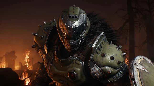 Doom Slayer wears medieval armor. 