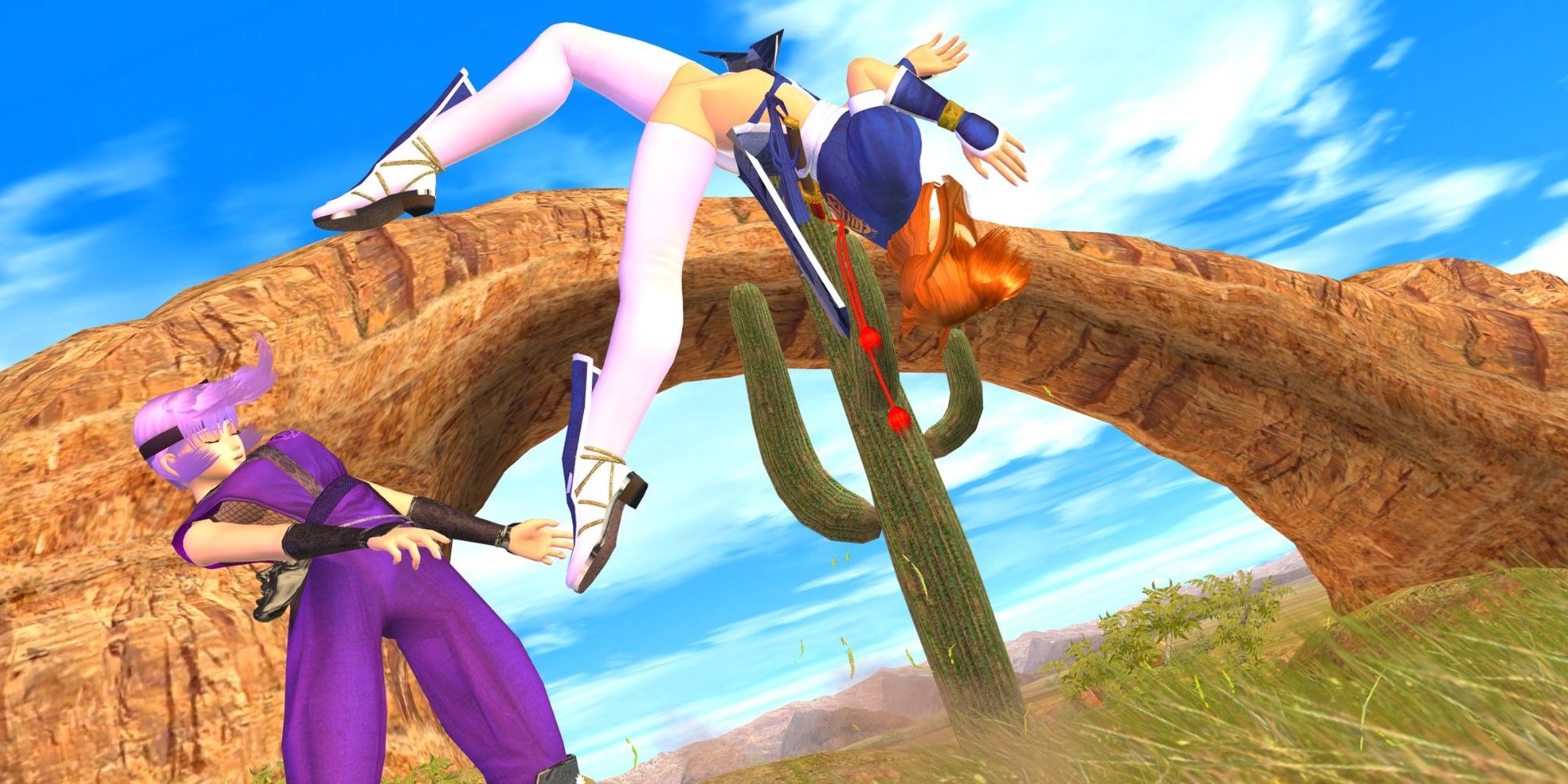 Kasumi doing a somersault kick to Ayane from Dead or Alive 2 Ultimate.