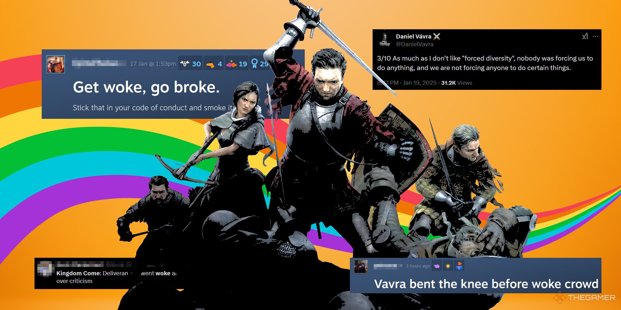 Characters in Kingdom Come: Deliverance 2 surrounded by screenshots of Gamergate backlash to the game.