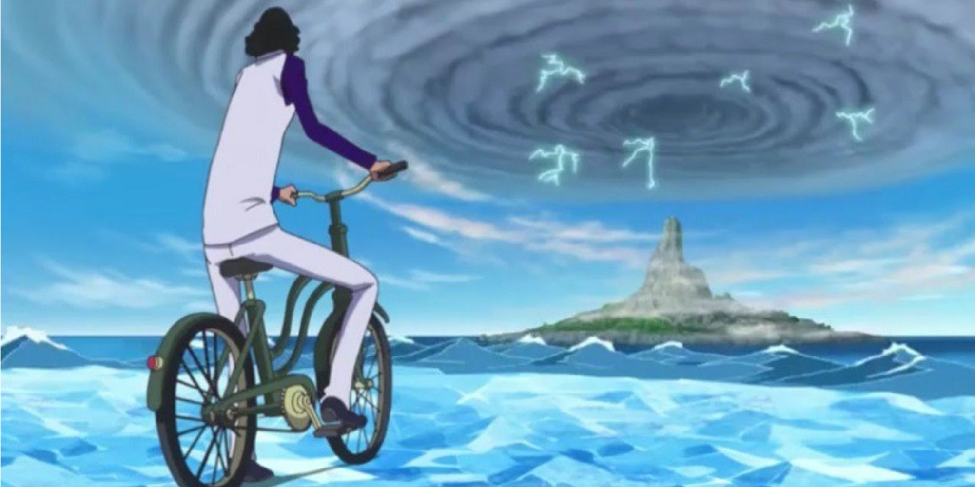 Kuzan biking on a sheet of ice, made from ocean water below it