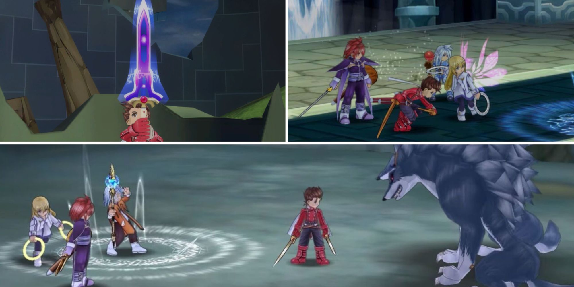 A collage of images from Tales of Symphonia Remastered. The top left showcases Lloyd hoisting up his Eternal Sword. The top right is of Lloyd, Colette, Genis, and Kratos during a combat encounter. The bottom image is of Raine, Colette, Kratos, and Lloyd favcing off against a large wolf with Rain in the middle of Casting one of her Tech.