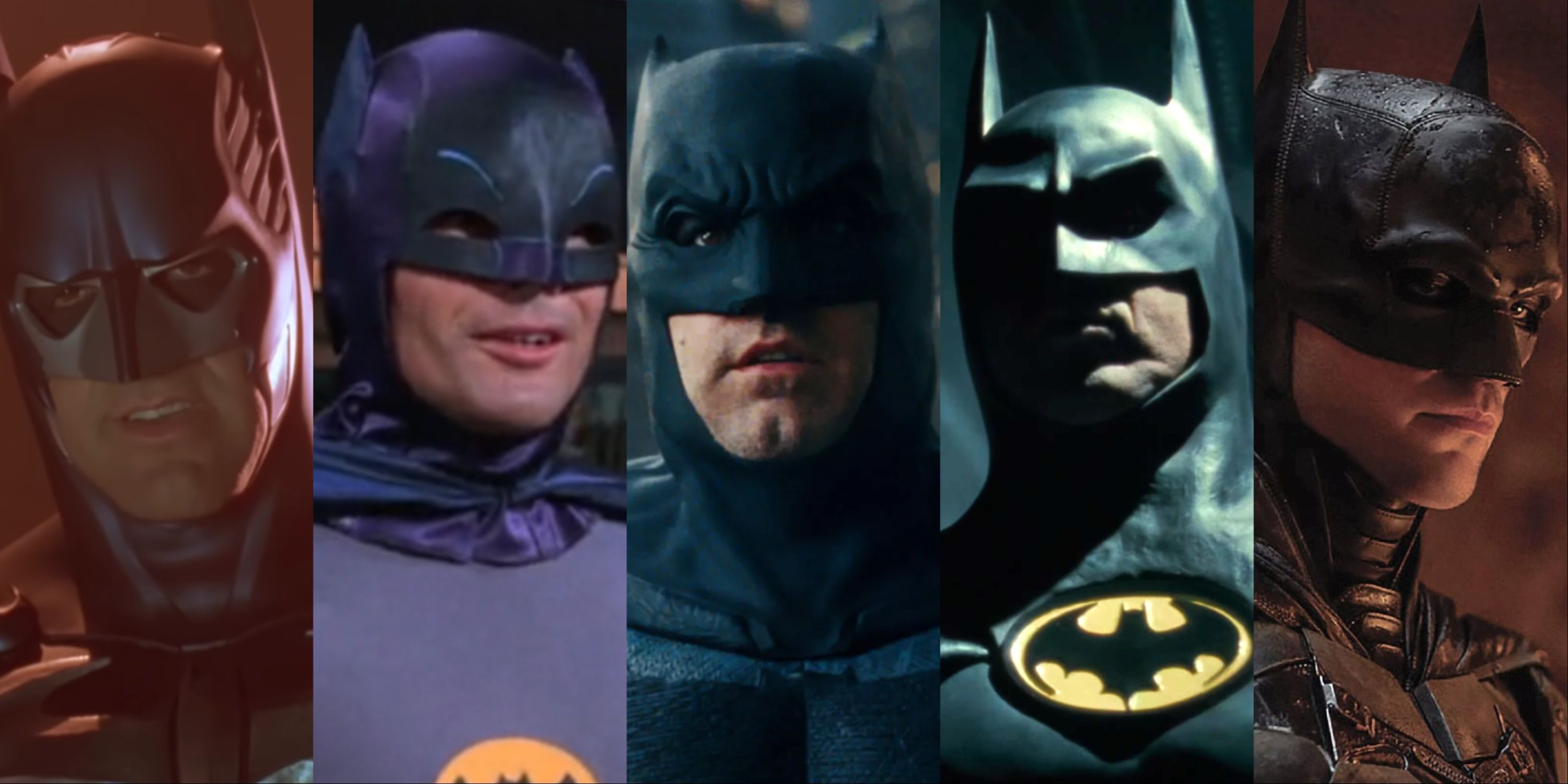 Split image of George Clooney, Adam West, Ben Affleck, Michael Keaton, and Robert Pattinson as Batman