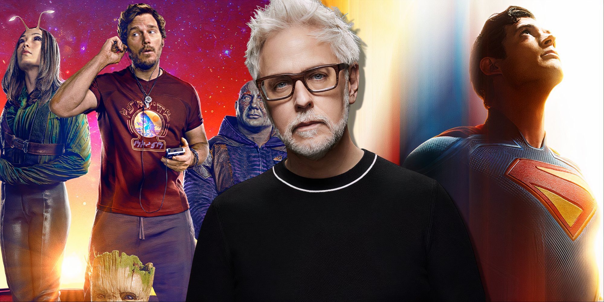 Split image of James Gunn, Guardians Of The Galaxy Vol. 3, and Superman