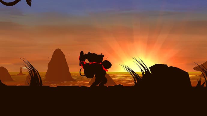 A silhouetted Donkey Kong beats his chest as the sun sets in Donkey Kong Country Returns HD.