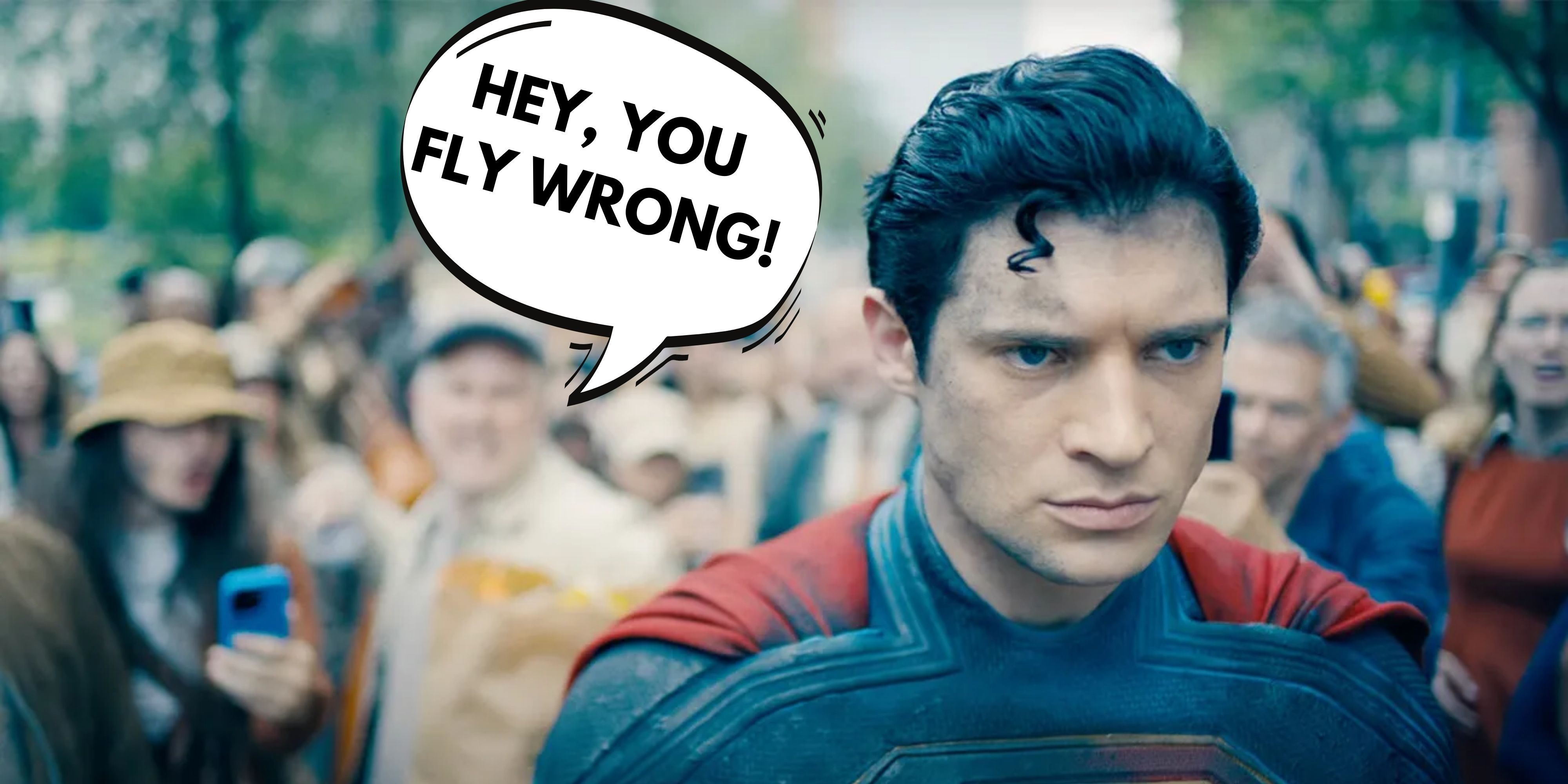 Man in crowd telling Superman he flies wrong