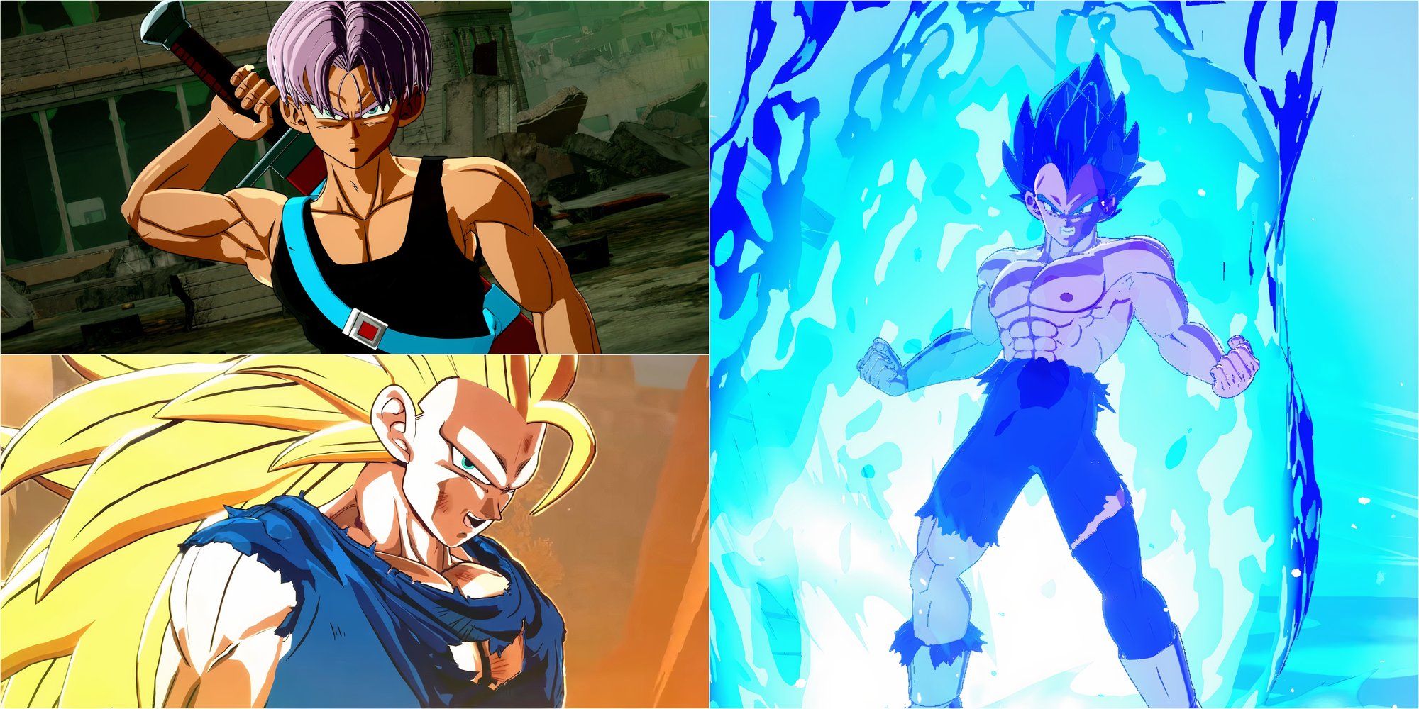 A collage of screenshots from Sparking Zero, featuring Trunks, Goku, and Vegeta