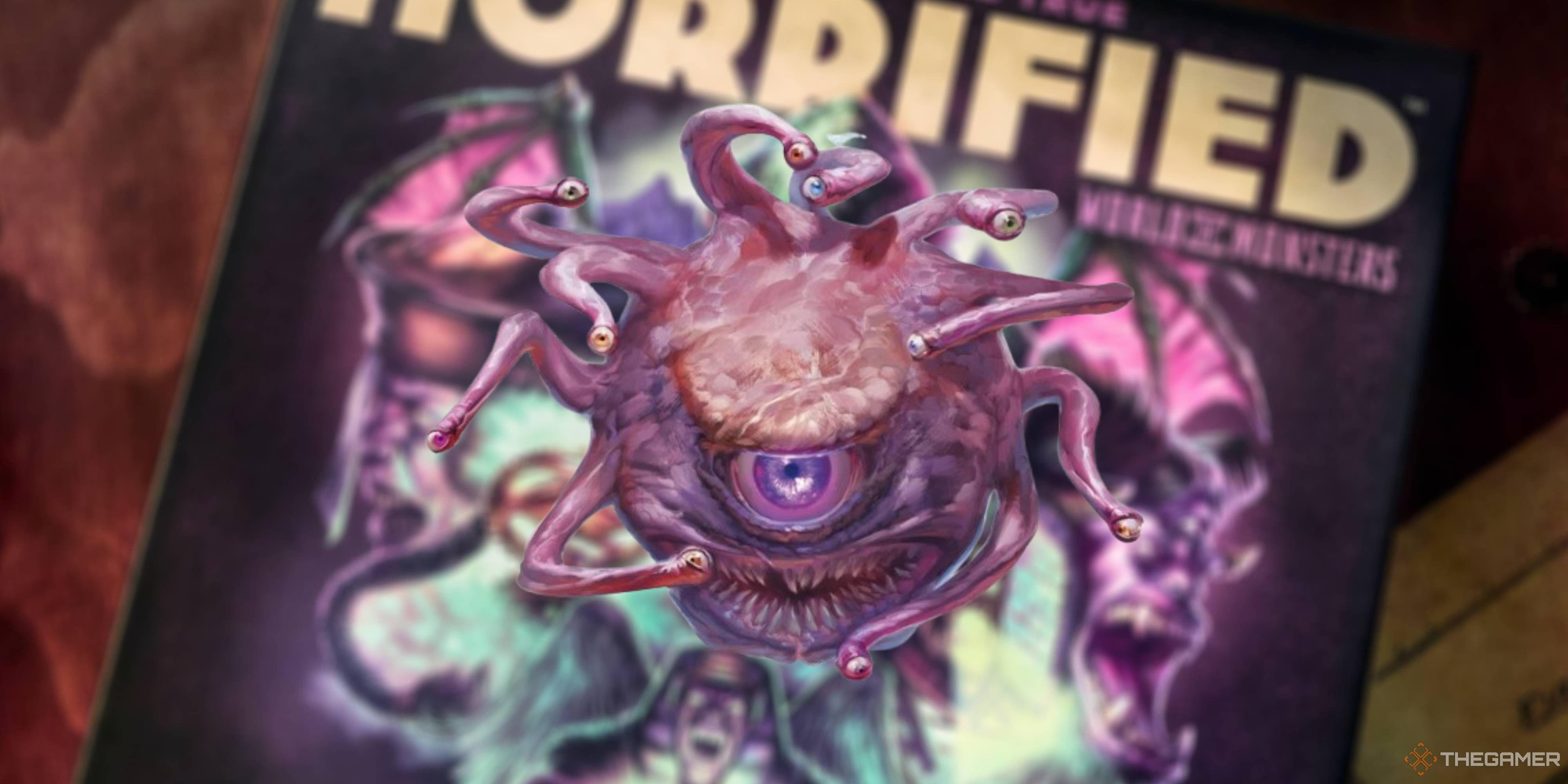 the beholder from d&d on a blurred horrified world of monsters background.