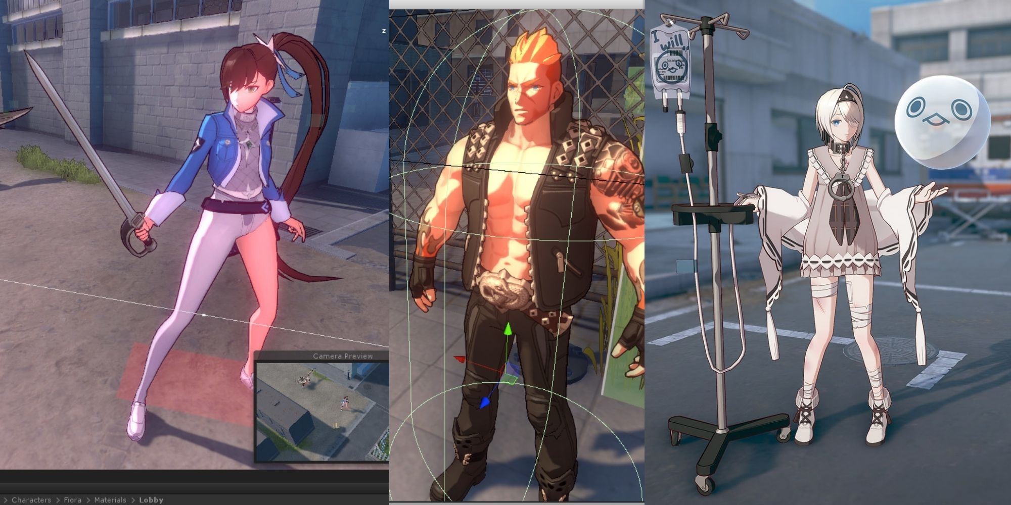 Split image showing Eternal Return 3D Character Models of Fiora, Magnus, and Sissela.