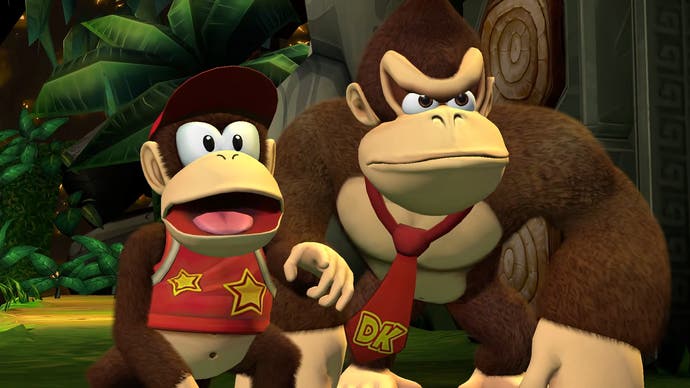 Donkey Kong Country Returns HD trailer screenshot showing Diddy and Donkey Kong in close-up looking shocked and angry