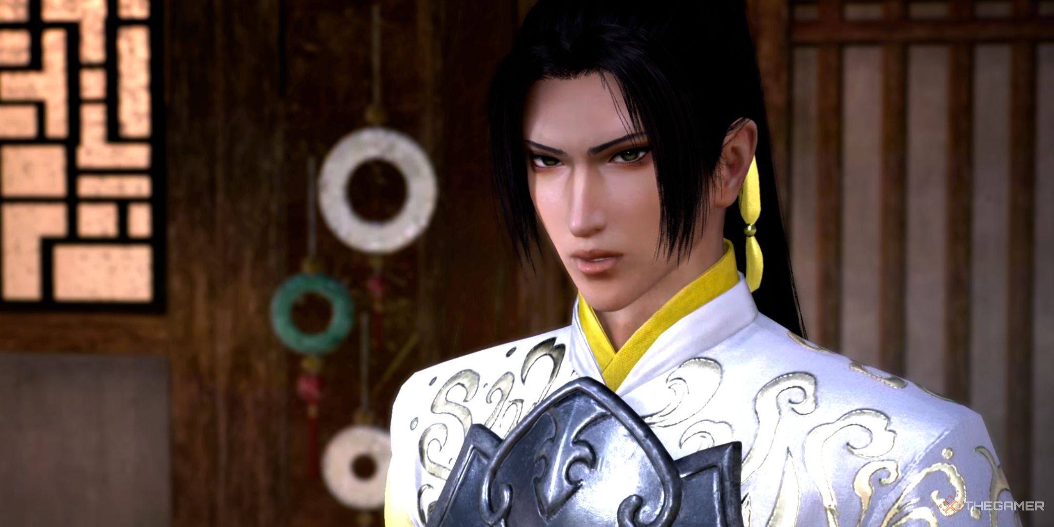 a closeup of zhang he in his yuan army colors in dynasty warriors: origins.