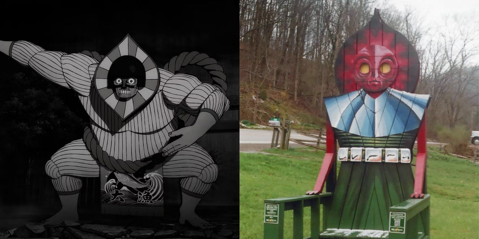 The Flatwoods Monster in Dandadan and a real-life statue & chair of the Flatwoods Monster.