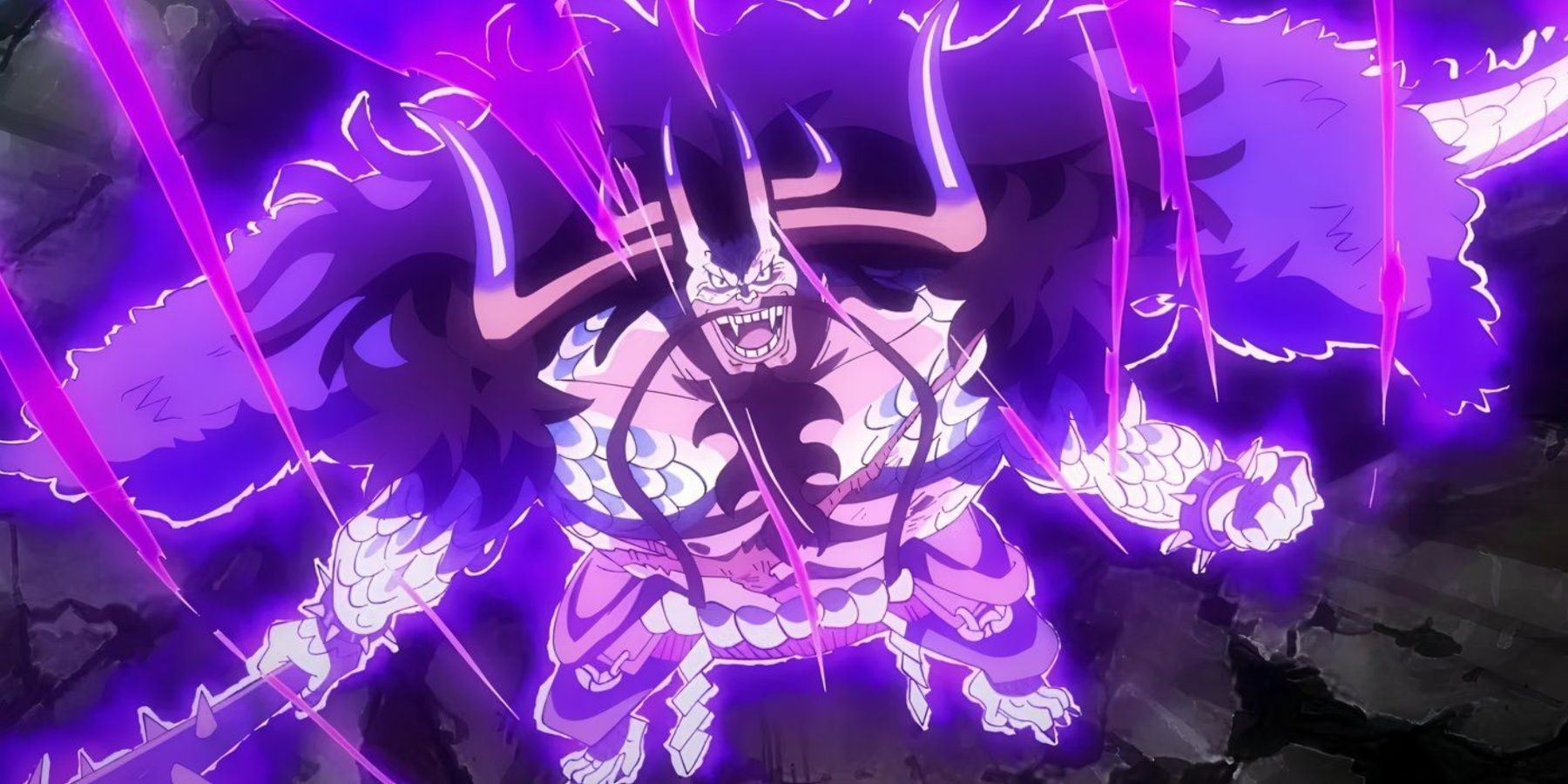 One Piece's Kaido releases his Conqueror's Haki while fighting Luffy in his Hybrid form.