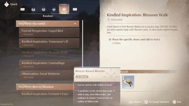 A list of Random Quests, highlighting a Breeze-Kissed Blooms hat sketch that’s available as a reward.