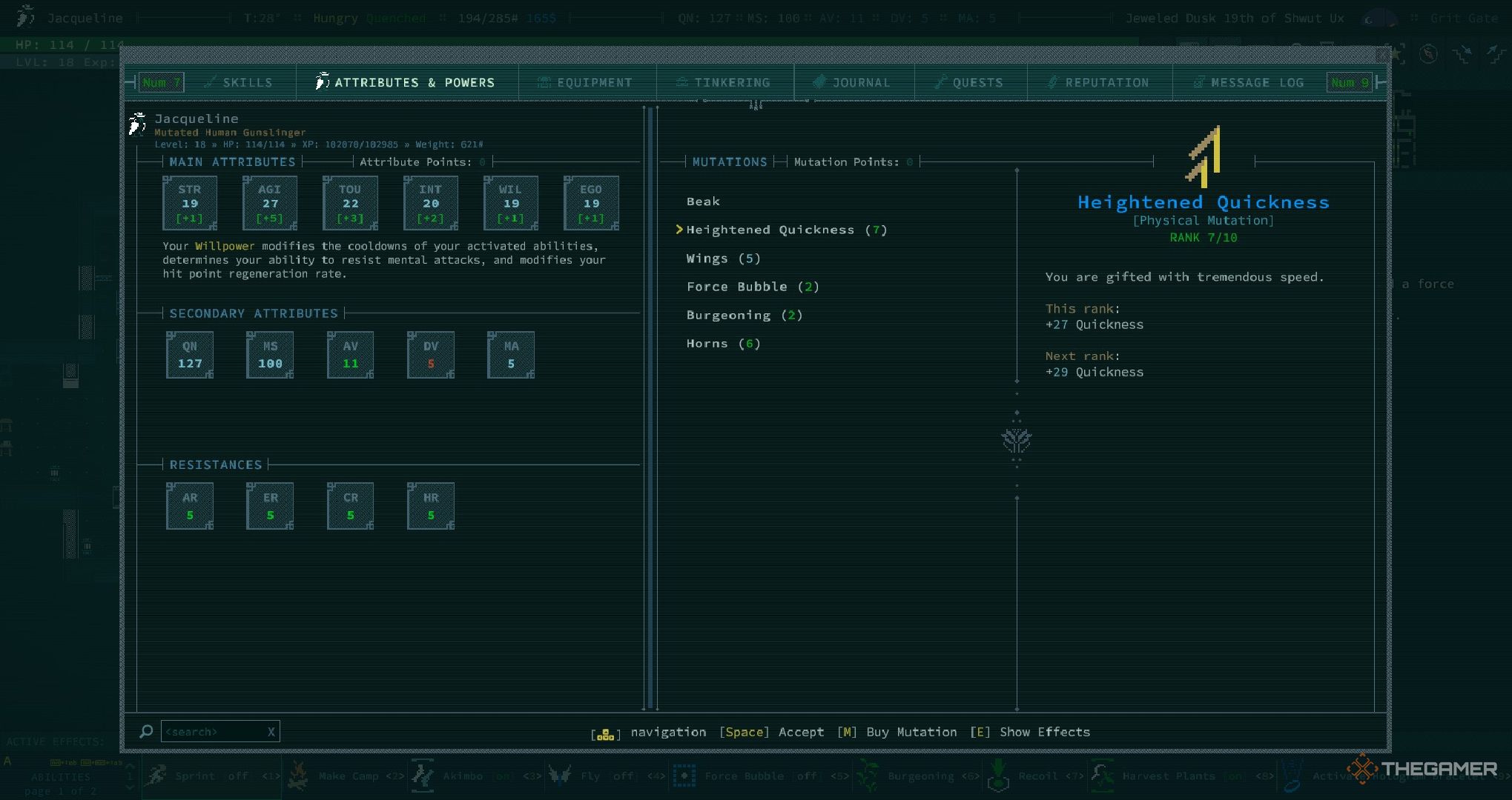 A player looking at their mutation in Caves of Qud.