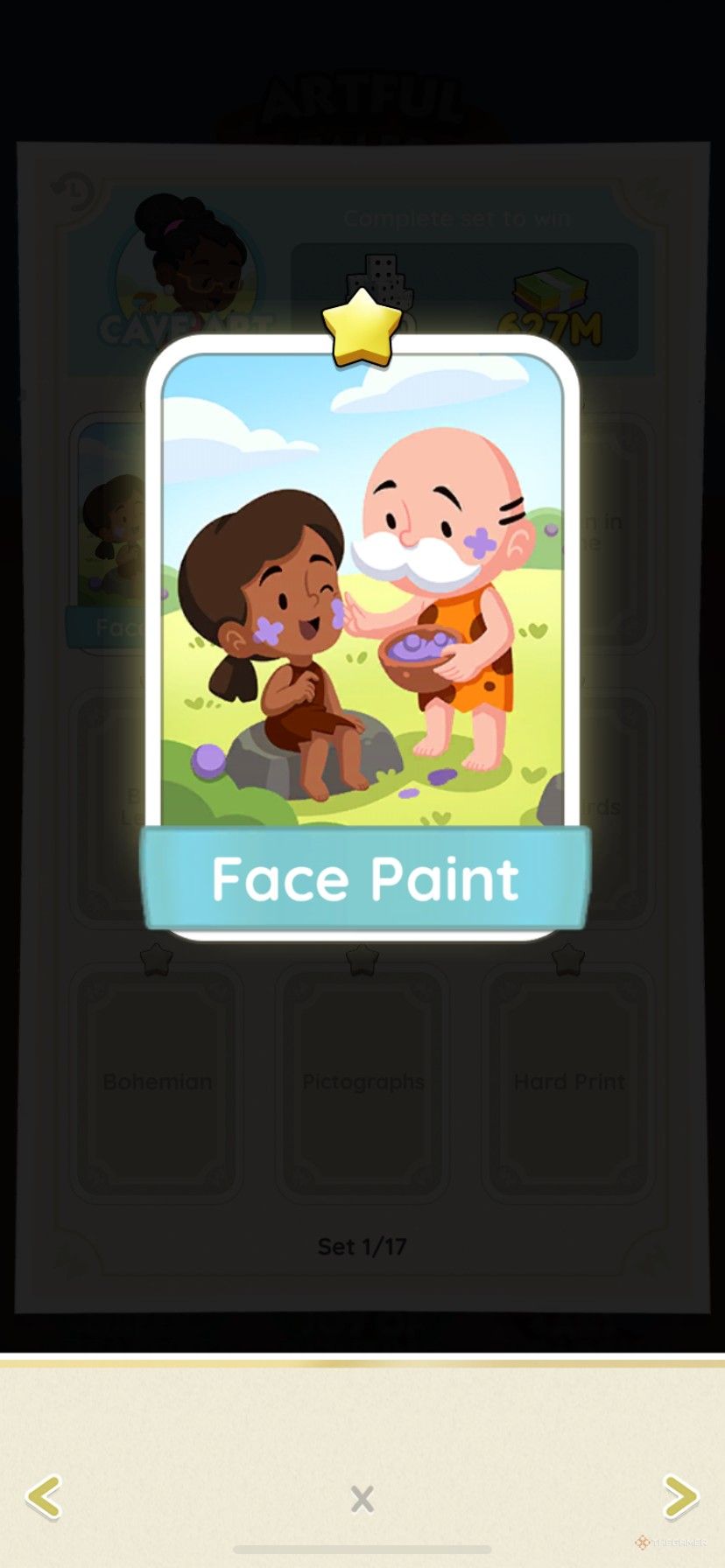 The Face Paint sticker in the Cave Art album during the Artful Tales sticker season in Monopoly Go.