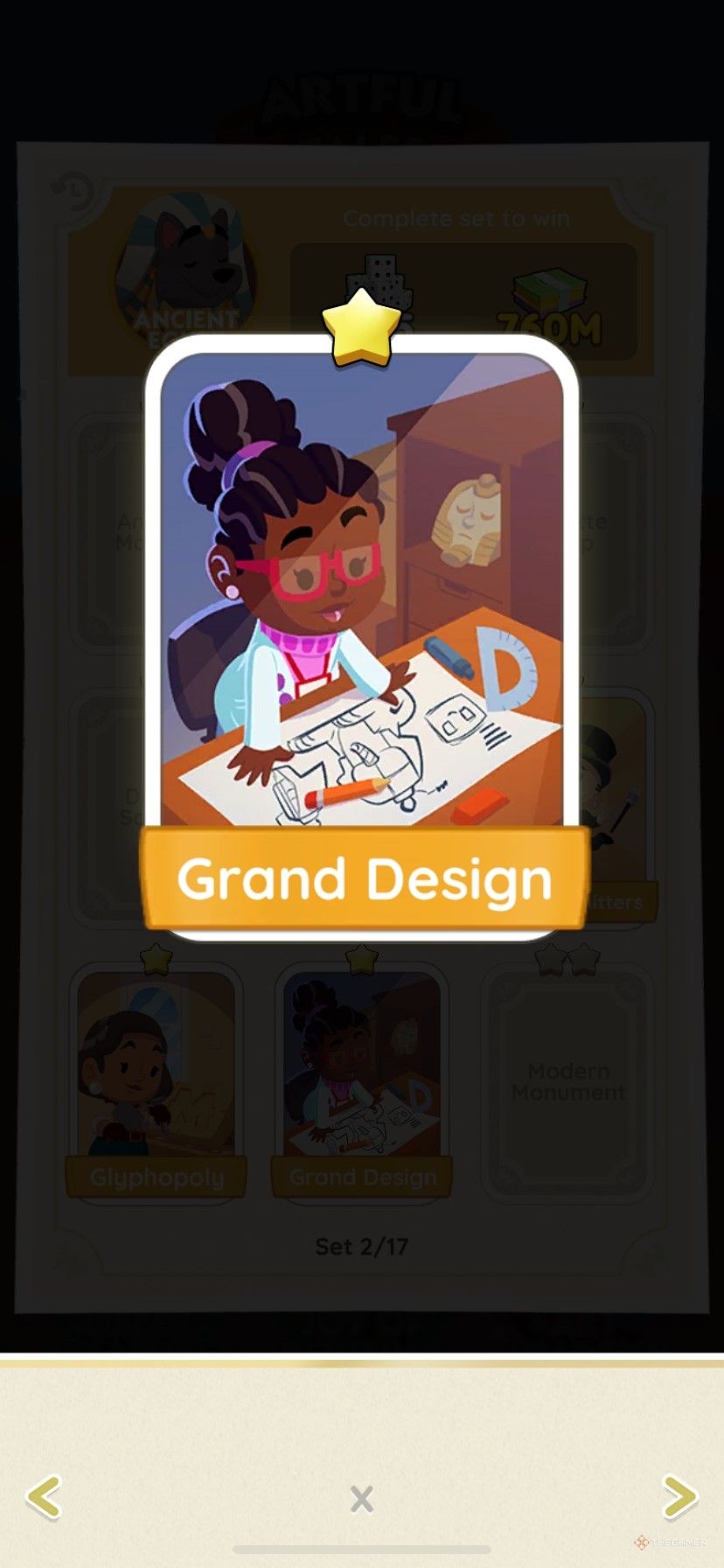 The Grand Design sticker in the Ancient Egypt album during the Artful Tales sticker season in Monopoly Go.