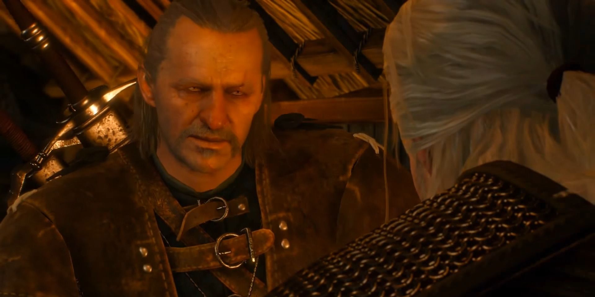 Geralt and Vesemir talking in a tavern in The Witcher 3.