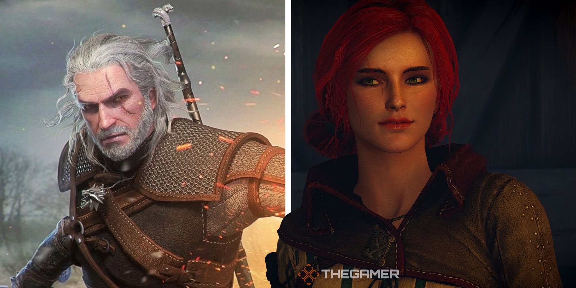 Split image of Geralt and Triss