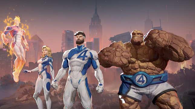 The Fantastic Four look up at something off-screen.