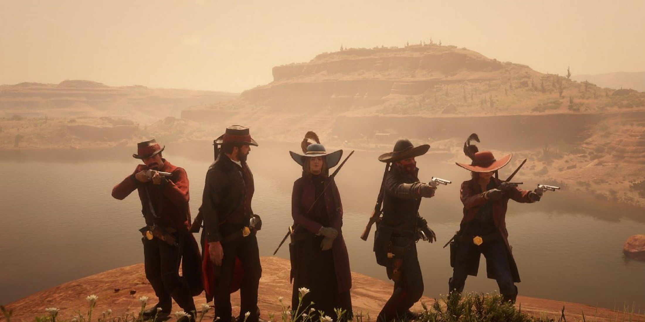 A group of gunfighters standing near a cliff, weapons drawn in Red Dead Online 