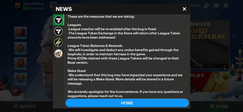 FC Mobile Leagues Bug Issue Fix Announcement, FC Mobile League Bug Fix