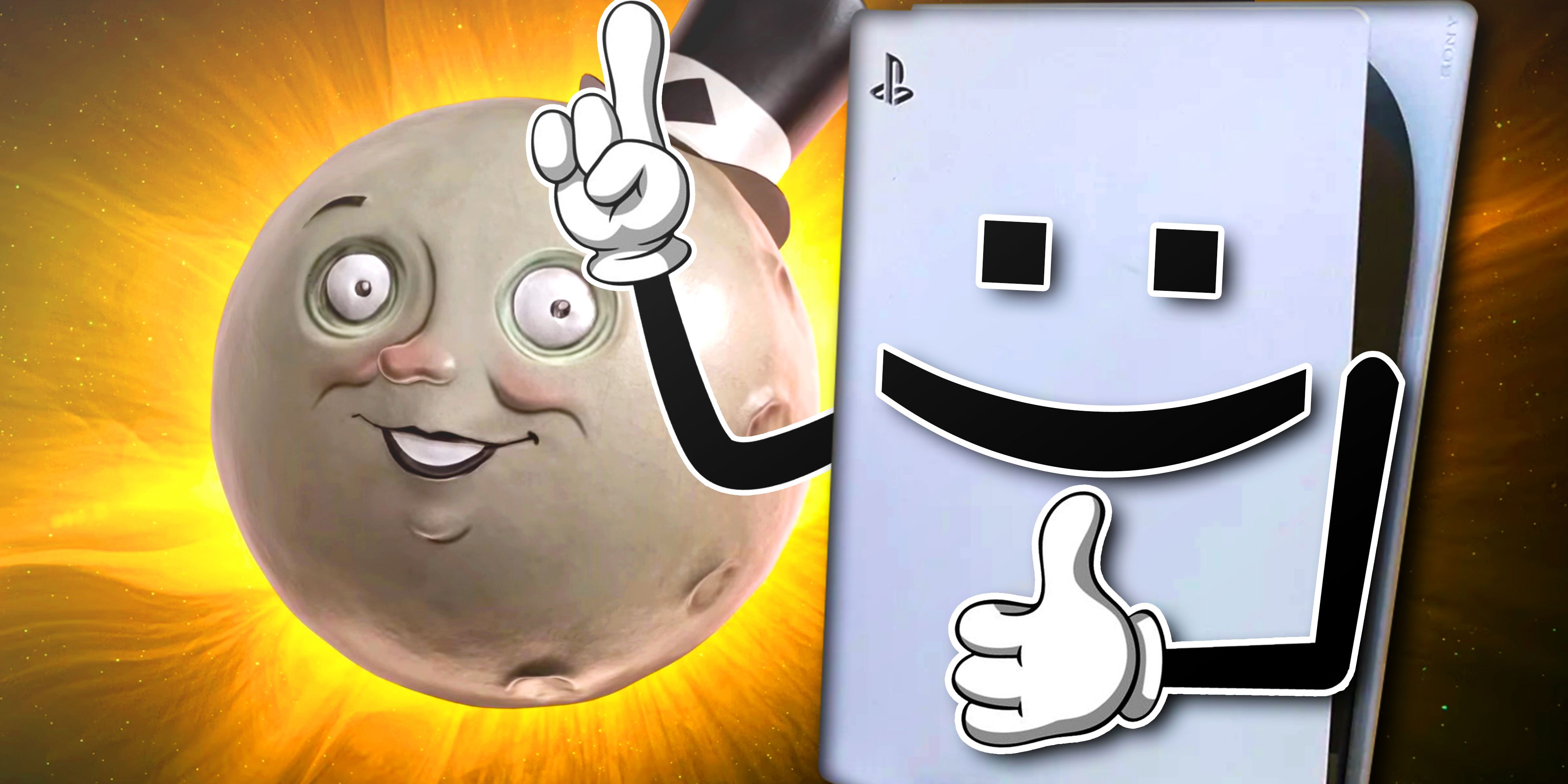 Split image with a PS5 smiling and giving a thumbs up next to the moon tophat guy from The Outer Worlds