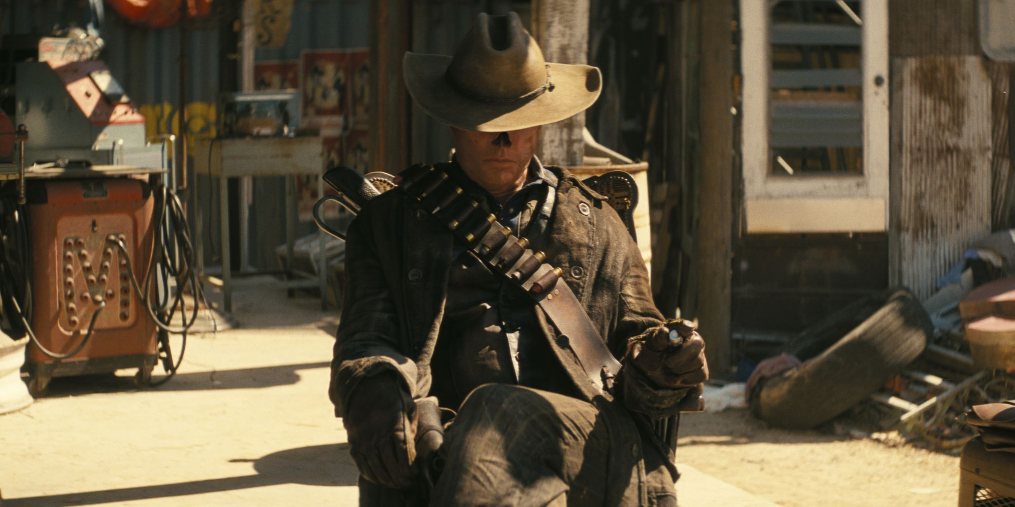 A ghoul in the Fallout TV show. He is dressed like a cowboy in a rundown settlement