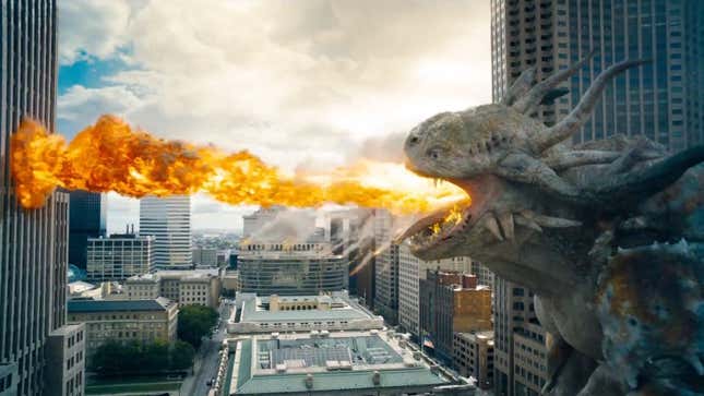 A fire-breathing lizard beast in the streets of Metropolis.