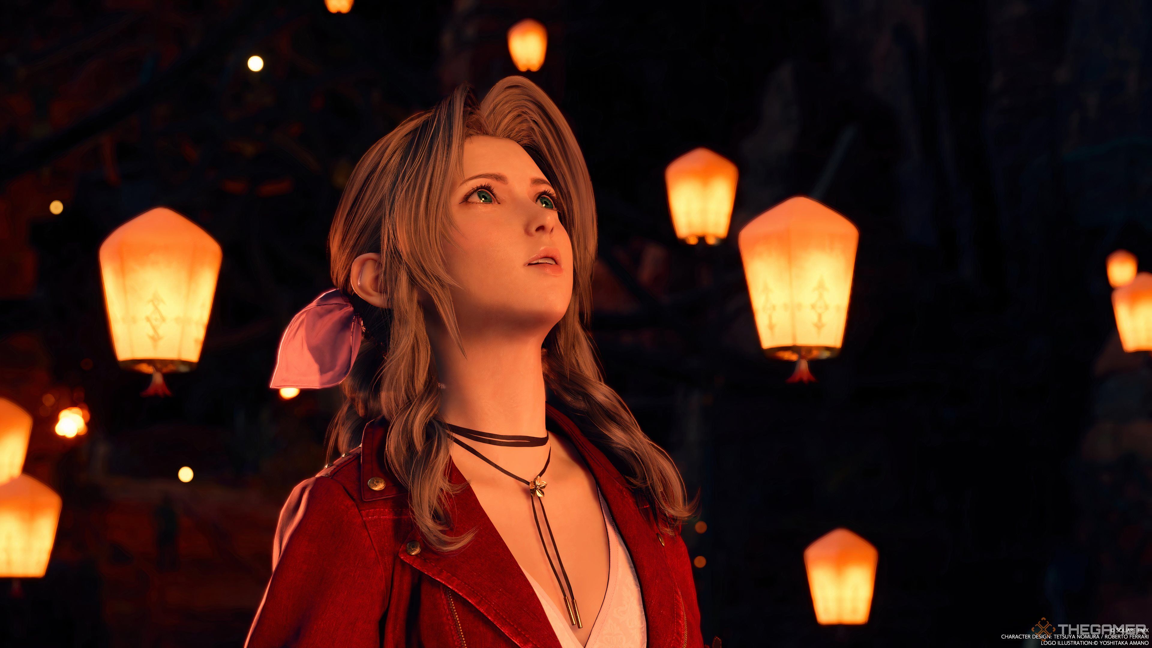 Aerith staring up at the sky as lanterns are released in Final Fantasy 7 Rebirth.