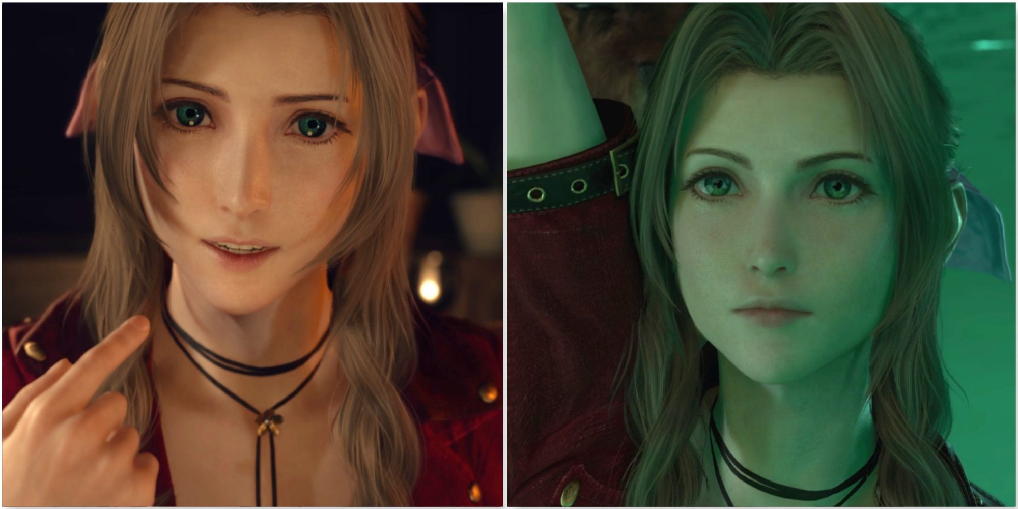 Aerith in the Kalm Inn in Final Fantasy 7 Rebirth and Aerith in the Village of the Gi in Final Fantasy 7 Rebirth