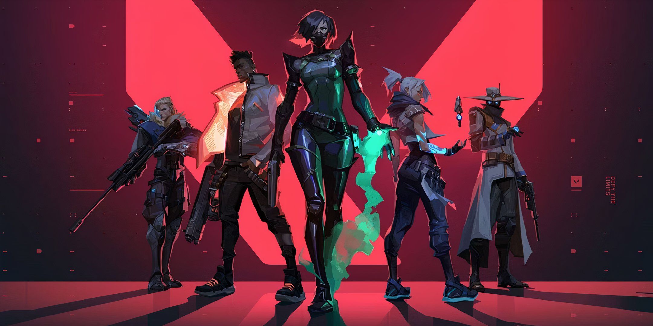 Viper, Jett, Cypher, Sova, and Phoenix stand together in a red room in Valorant, with the game's logo appearing behind them.