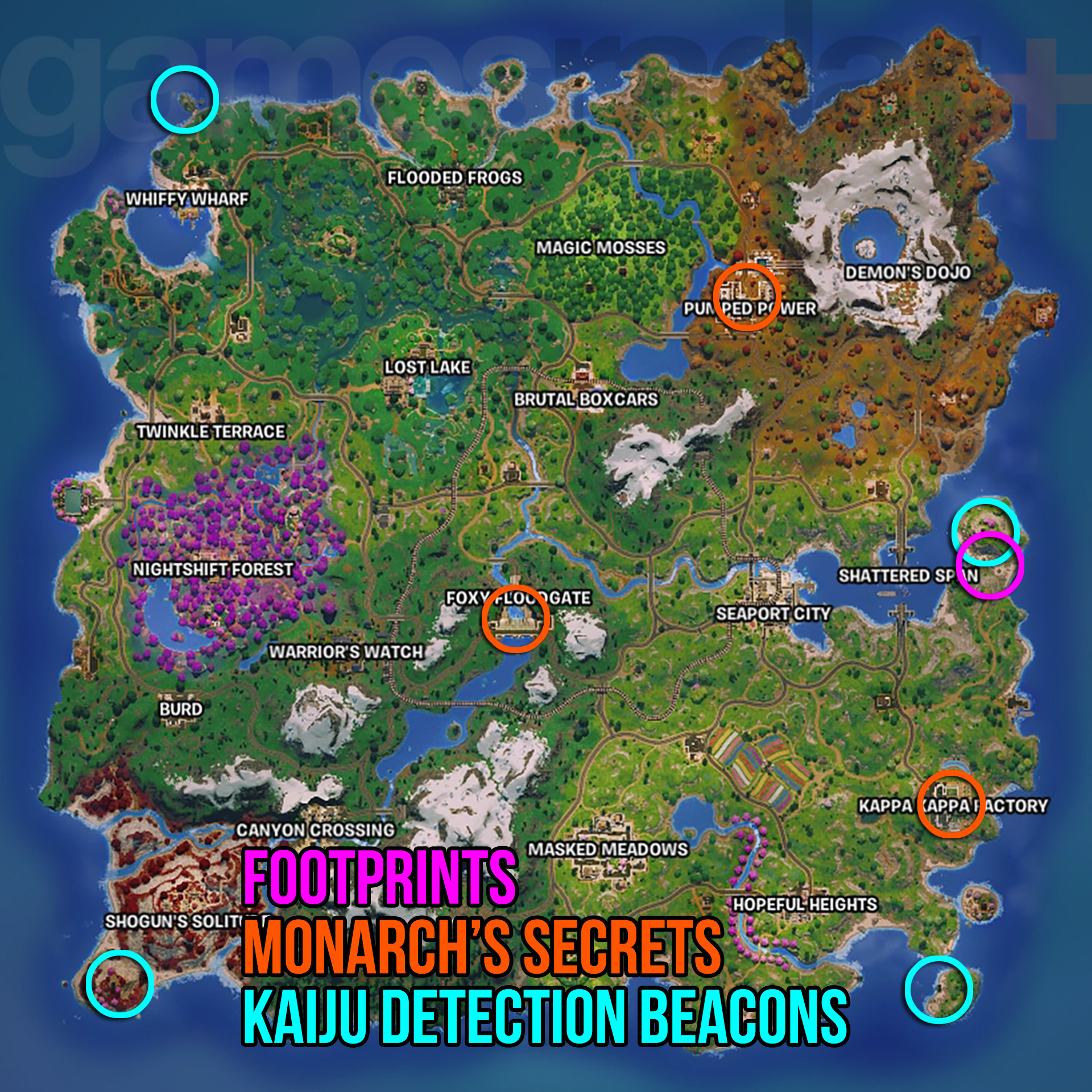 Fortnite Godzilla map showing quest objective locations