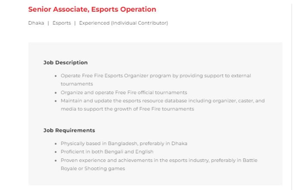 Garena Job Posting for Free Fire in Bangladesh