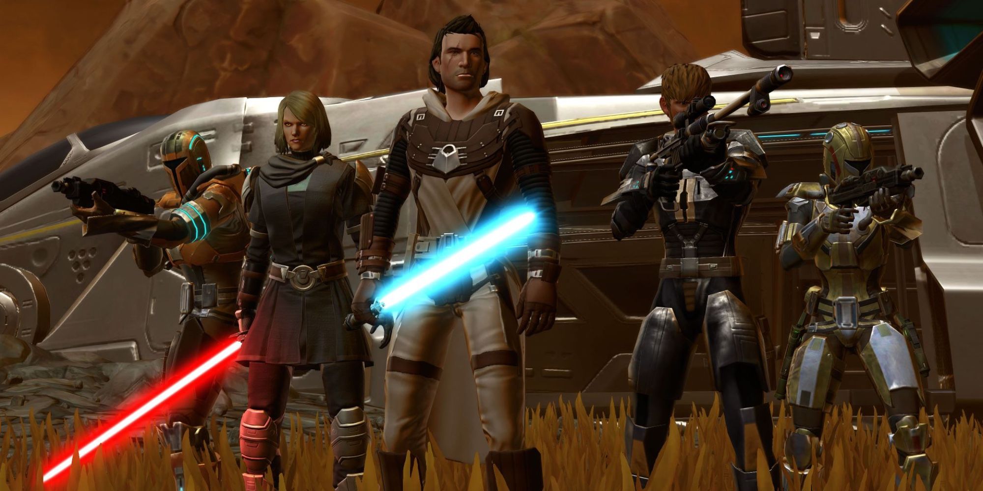 Characters posing with blasters and lightsabers in Star Wars: The Old Republic. 