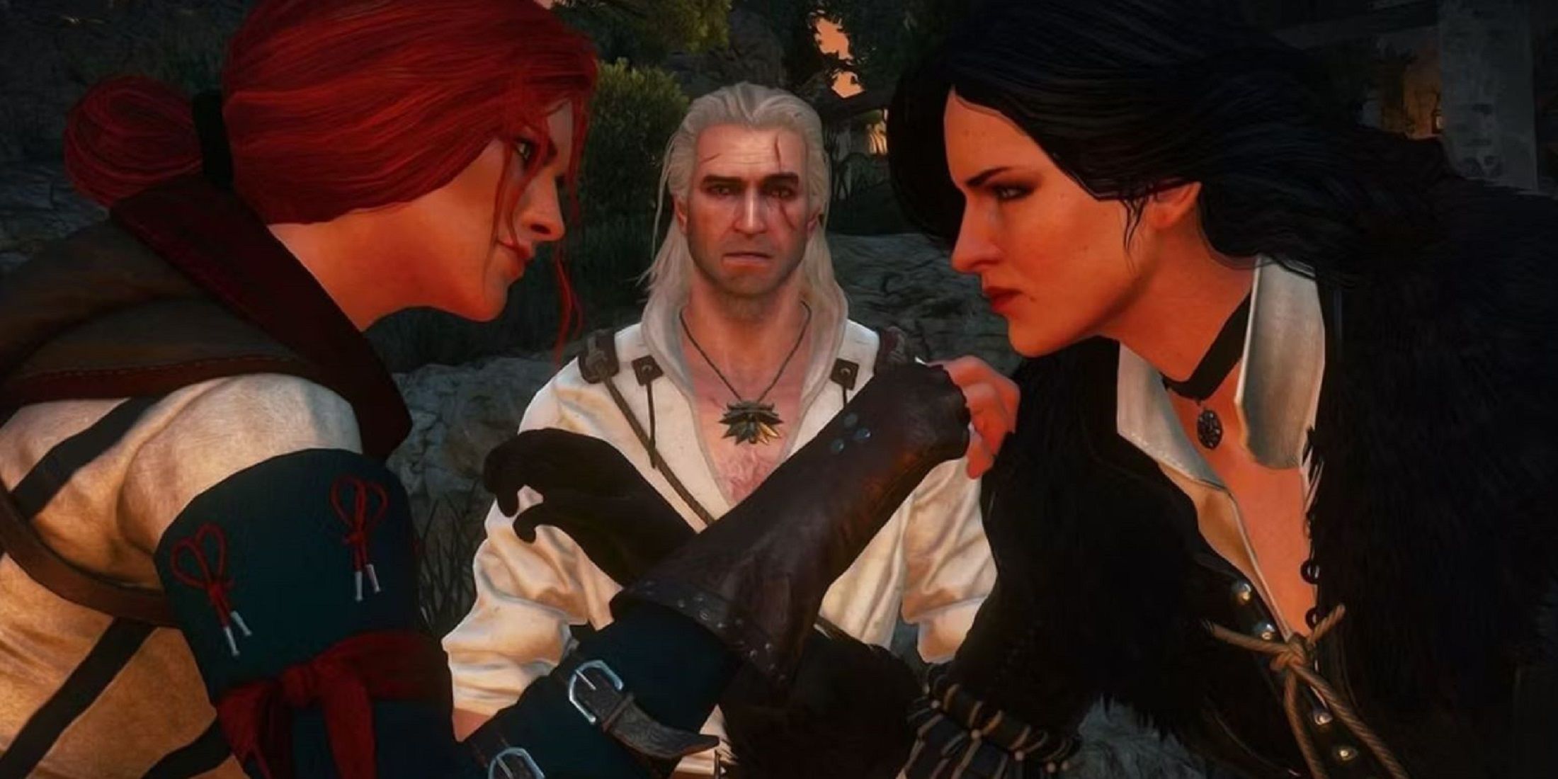 Geralt from The Witcher 3 looking conflicted as Triss and Yennefer, two of his love interests, share a tense moment.