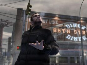 The protagonist of GTA 4 holding his hand out in front of a Diner