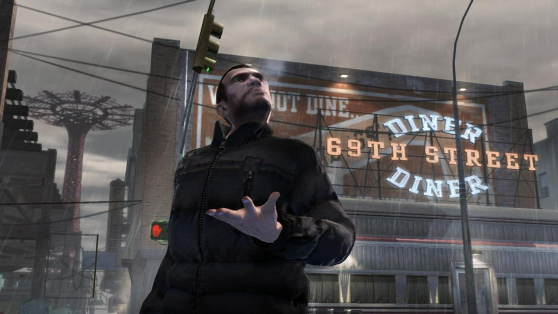 The protagonist of GTA 4 holding his hand out in front of a Diner