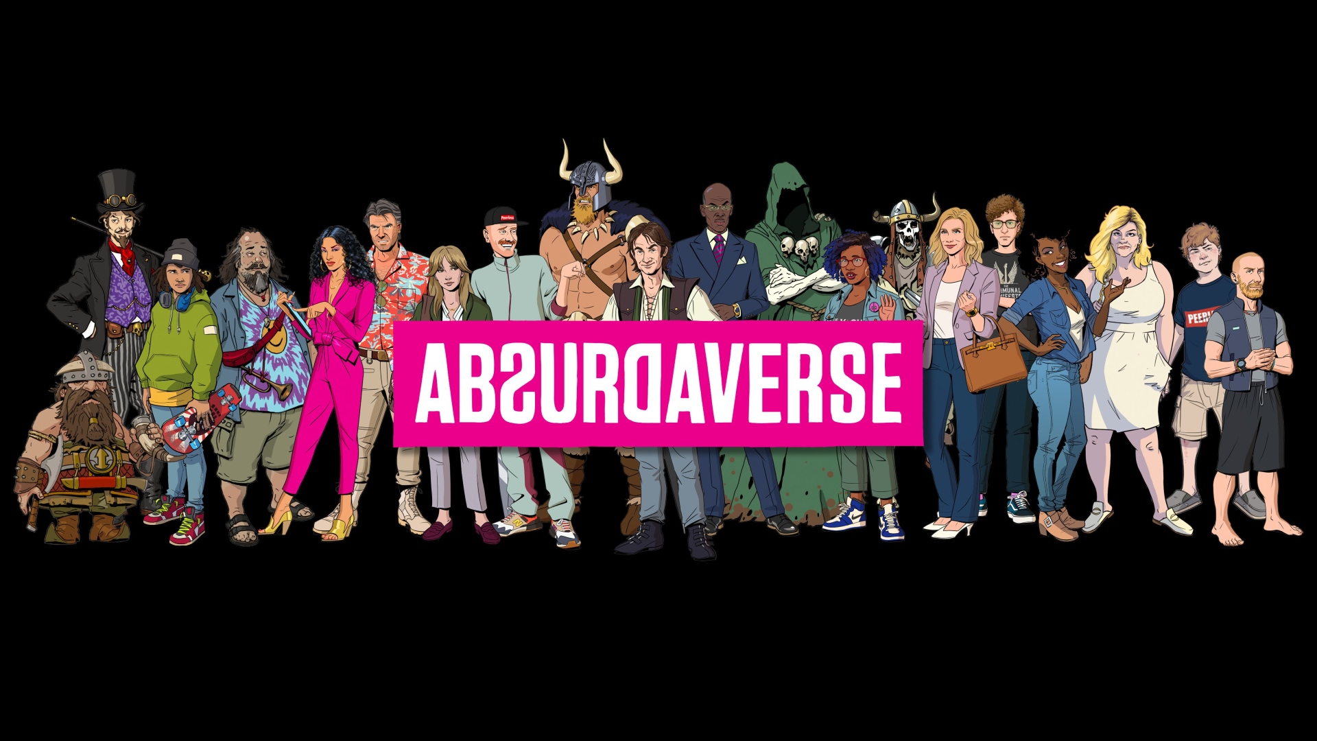 Absurdaverse: Artwork depicting 20 diverse cartoon characters with the Absurdaverse logo layered on top