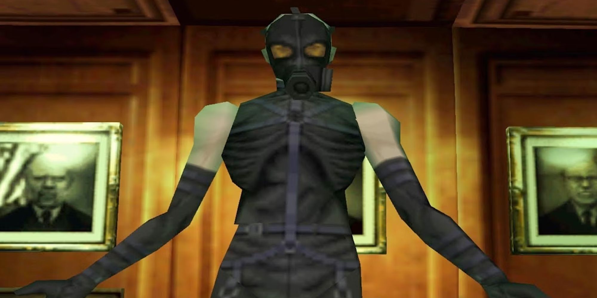 Psycho Mantis from Metal Gear Solid poses in front of a wooden wall with portraits.