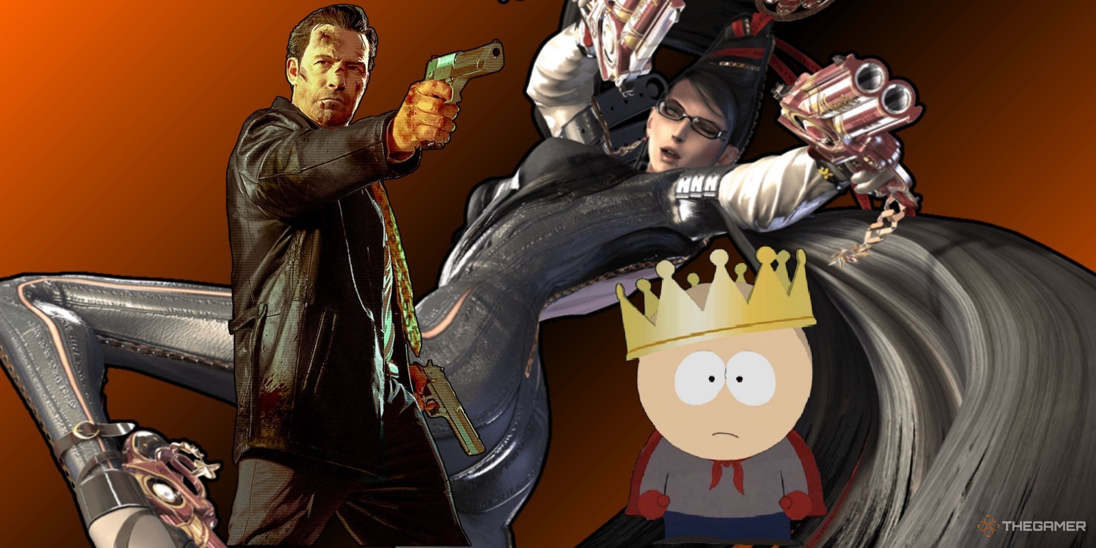 Protagonist With Strange Powers Featured Image. It has an orange and black background with images of Max Payne, South Park's New Kid, and Bayonetta in the foreground