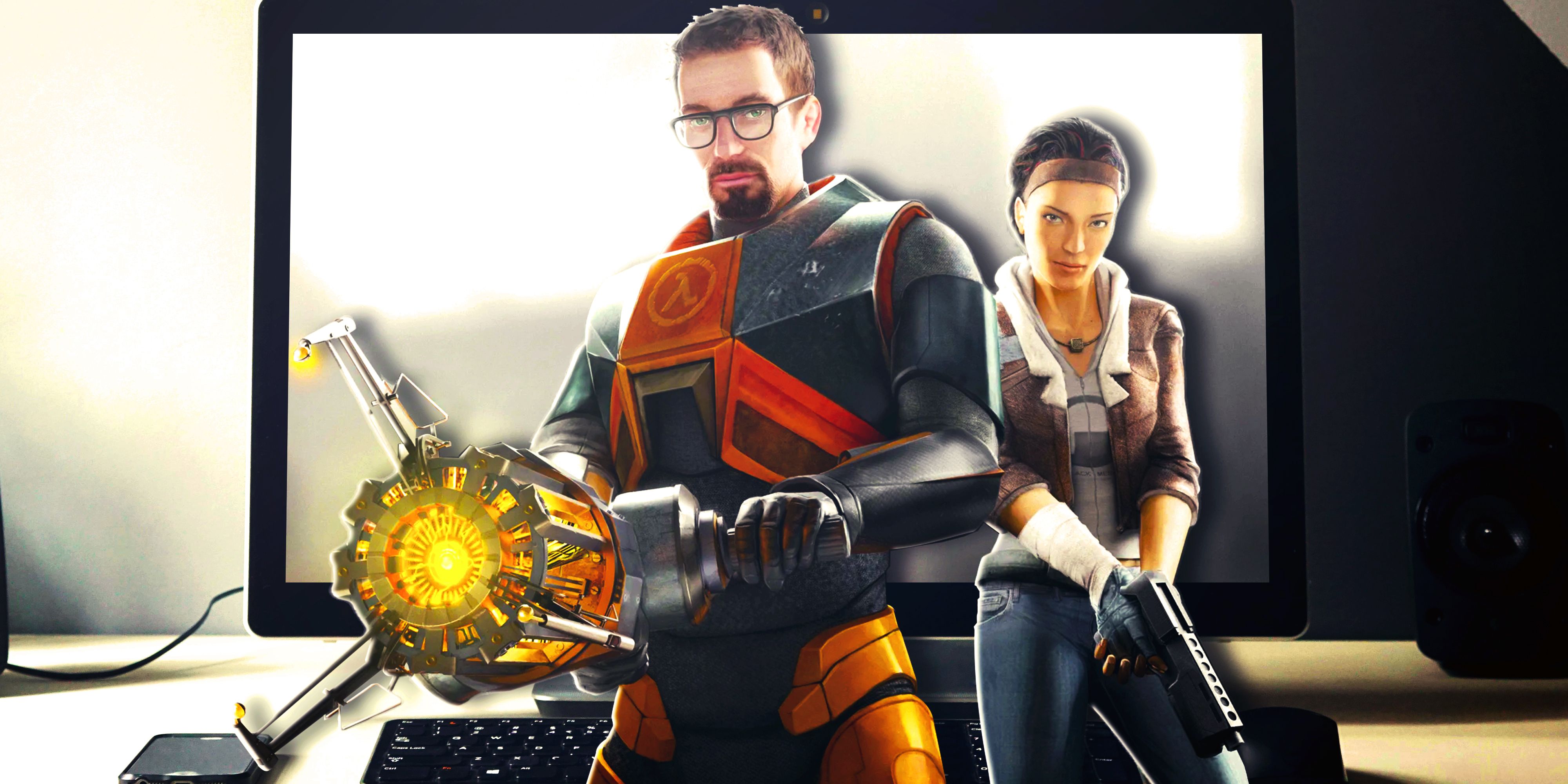 Gordon Freeman with the Gravity Gun stands next to Alyx Vance holding a pistol, in front of a PC desktop.