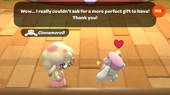 Hello Kitty Island Adventure gift guide: A player character who looks like a lamb gives a gift to Cinnamoroll.