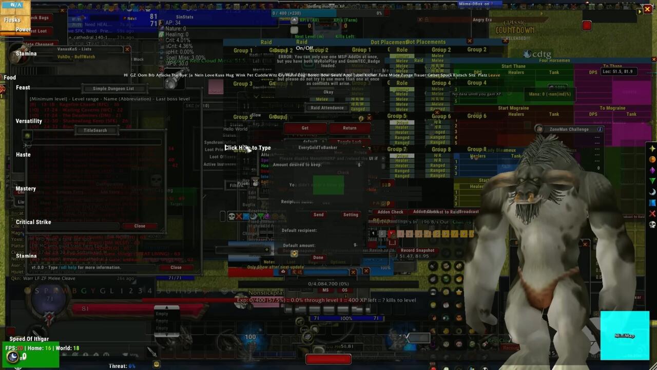 A glimpse at Baltoboulbobbi's user interface upon booting up WoW Classic with 3,683 add-ons running.