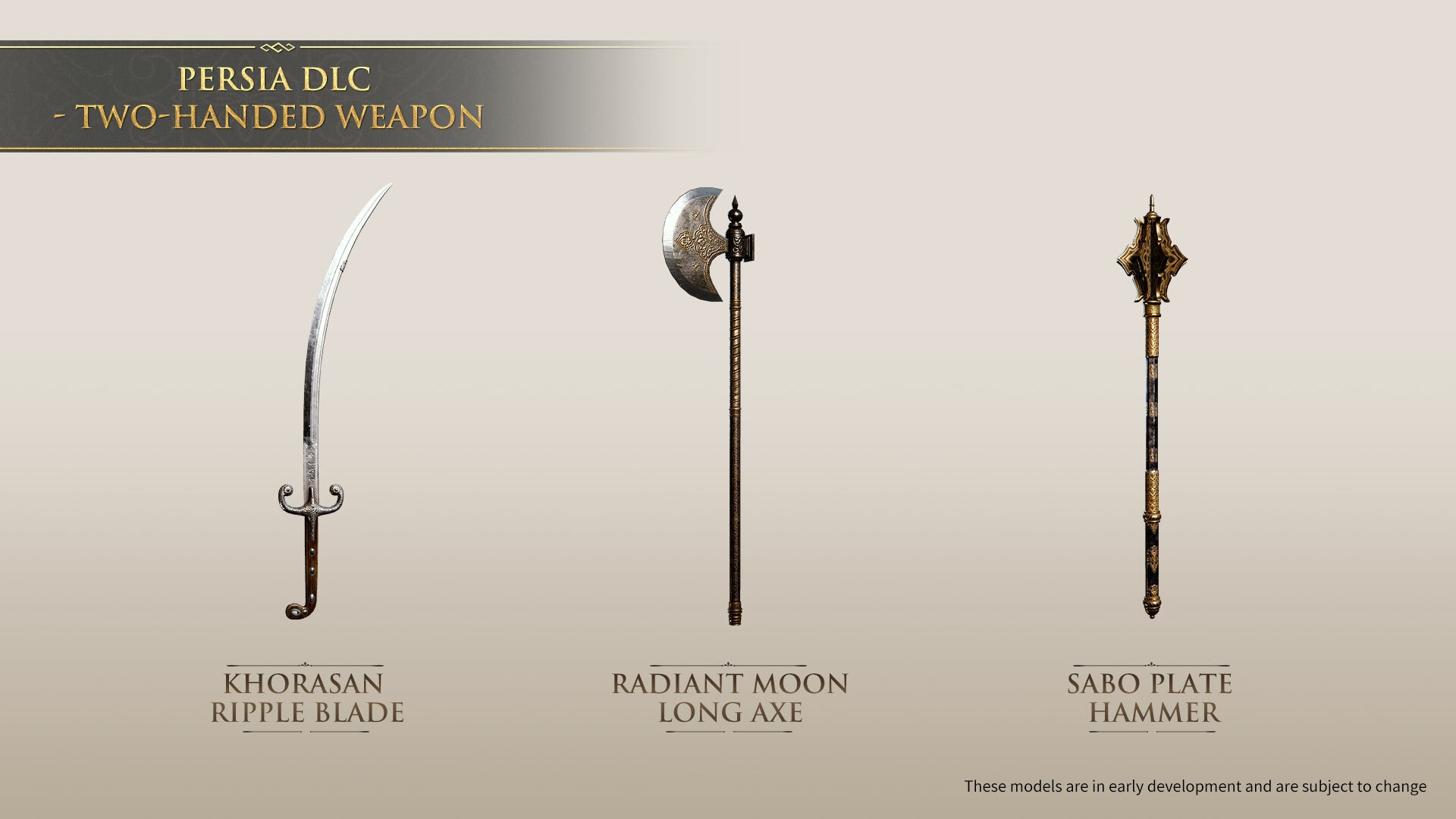 Myth of Empires: A graphic showing three weapons - a sword, an axe, and a hammer