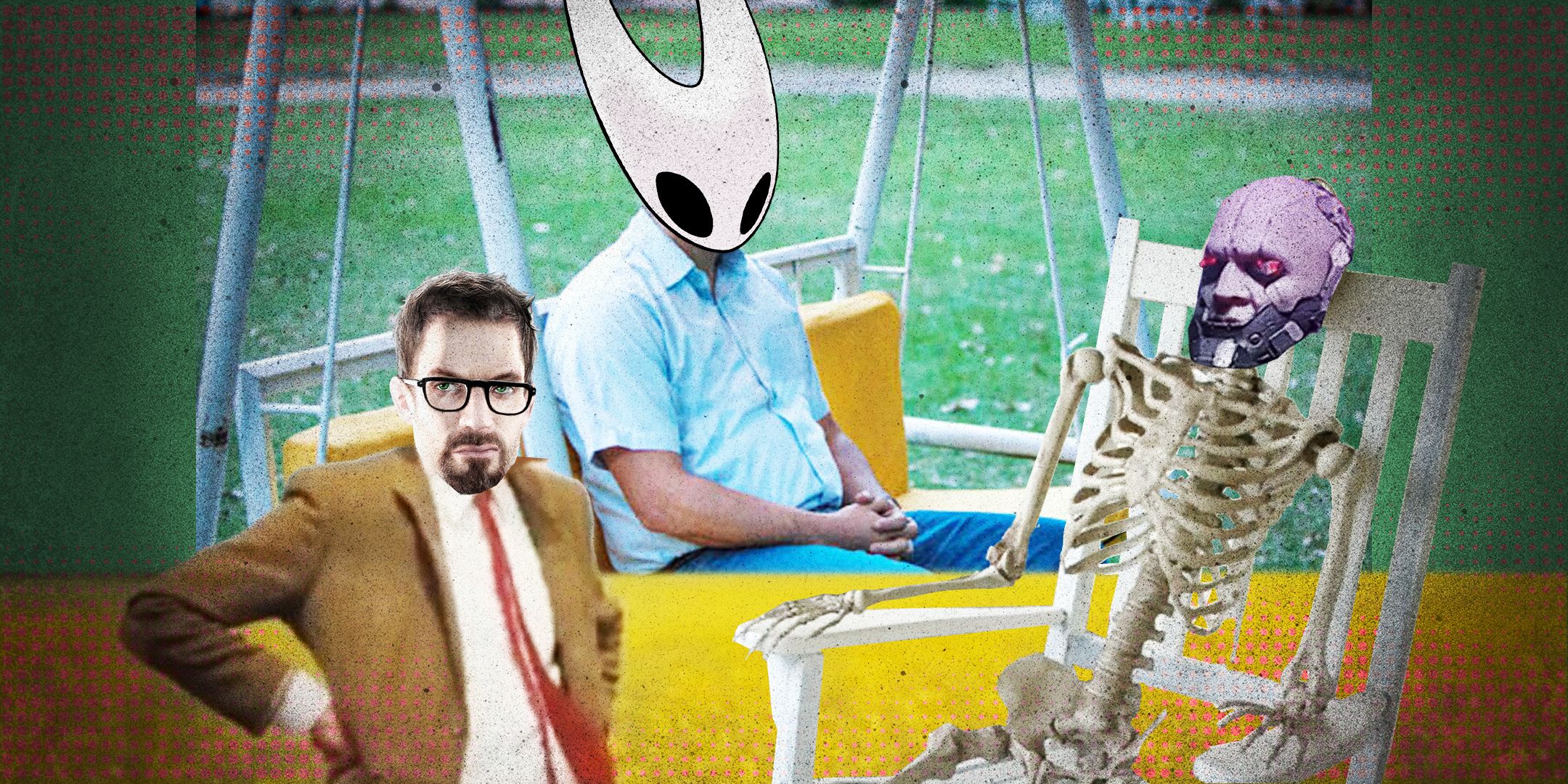 Pablo Escobar meme with Silksong's head on his body, plus Gordon Freeman and a Cyberpunk character